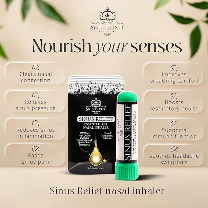 SniffElixir Nasal Stick Inhaler, Vapor Inhaler for Sinus Pressure Relief, Nasal Inhaler Stick, Organic Essential Oil Inhaler for Congestion Comfort & Clear Breathing