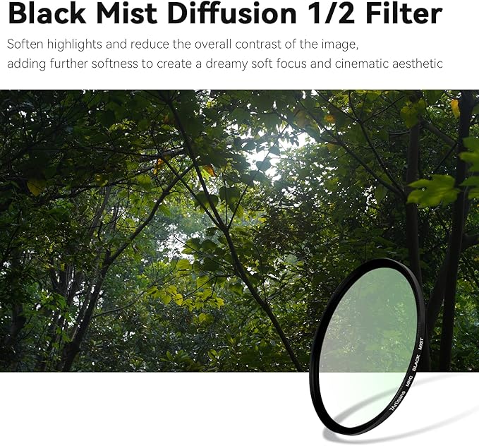 7artisans Black Mist Filter 1/2 Aluminum Alloy Natural Soft Diffuser Effect Dream Cinematic Effect Soft Focus Optical Glass Filter (72mm)