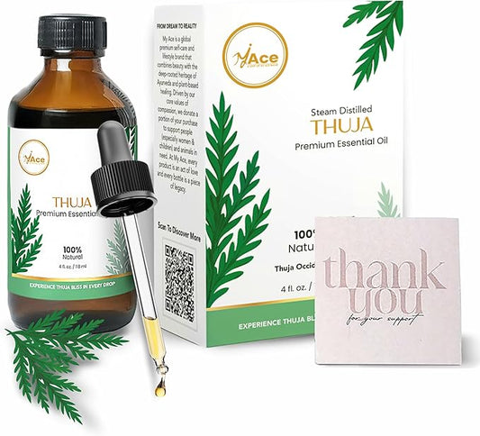 My Ace Pure & Natural Thuja Essential Oil – Steam-Distilled Thuja Orientalis | 100% Natural Oil for Diffuser, Aromatherapy, Skin & Hair Care, Massage, Soap & Candle Making – 4 fl oz with Dropper
