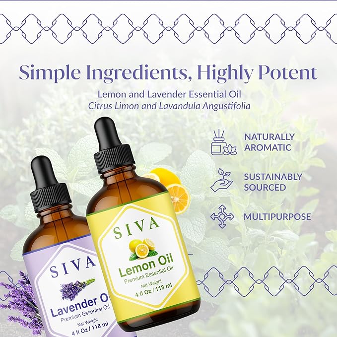 Siva Lemon and Lavender Essential Oil 4oz Bundle Super Saver Combo – Premium Grade Value Set for Aromatherapy, Skincare and Haircare