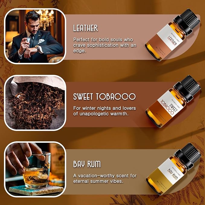 RAINBOW ABBY Fragrance Oil Gentlemen's Set - Leather, Bay Rum, Teakwood, Cedar, Sweet Tobacco, Sandalwood Aromatherapy Oils for Candle & Soap Making, Diffuser Oil Scents (6x10ML)