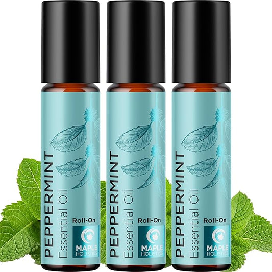 Peppermint Oil Roll on - Pure Peppermint Rollerball Essential Oil Aromatherapy Stick for Headaches - Natural Travel Essential and Pregnancy Must Have for Headaches Energy & Focus Support (3 Pack)