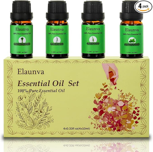 Essential Oils Set,100% Pure Natural,4 Scents(Peppermint/Rosemary/Lemongrass/Lavender),for Aromatherapy and Home Fragrance,Aroma Therapy Oil,Gift for Christmas Gifts (0.33Fl Oz*4, Grass Set)