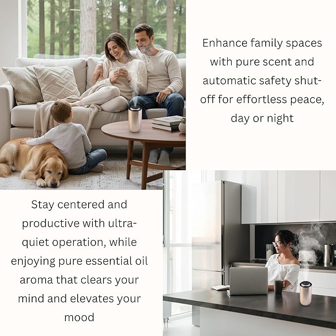 Waterless Essential Oil Diffuser – Portable Cordless Aromatherapy Diffuser for Home, Car, Office – 3 Mist Levels - 4 Timer Modes - 15ml Oil Capacity - USB-C Rechargeable