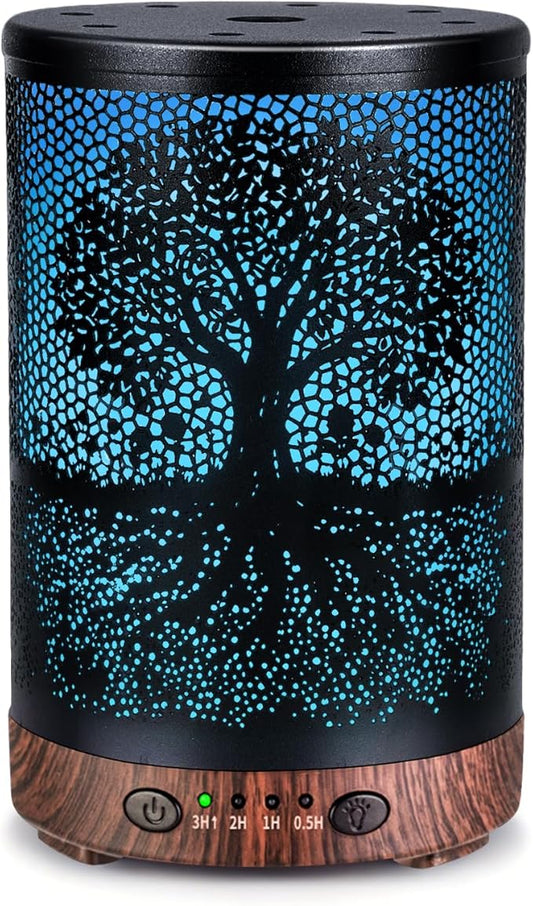 Essential Oil Diffuser 120ML Metal Aromatherapy Diffuser with Timer, Cool Mist Humidifier with Auto Shut-Off & 7 Color Lights for Home Office Spa (Life Tree)