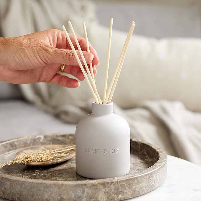Craft & Kin Reed Diffuser for Home & Bathroom – Rose & Oud Holiday Reed Diffuser Set with Fragrance Sticks, Long-Lasting Alcohol-Free Scent, Earthenware Collection, 6.7oz