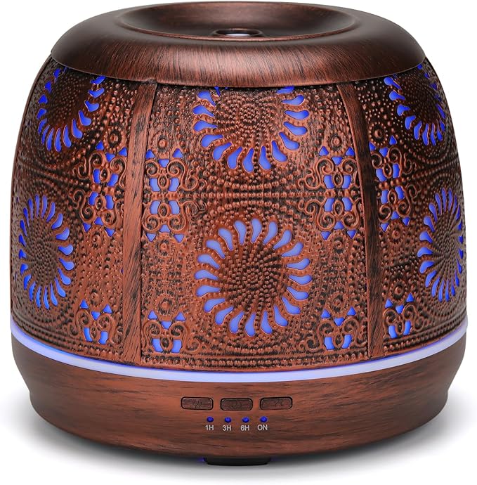 Large Essential Oil Aromatherapy Diffuser for Home Bedroom Metal Hollow Decorative Room Ultrasonic Air Scent Mist Aroma Diffuser 500ML Defusers -Red Copper
