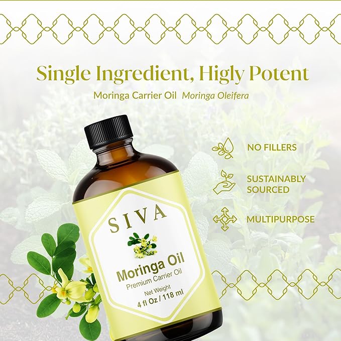 Siva Moringa Carrier Oil 4oz (118 ml) Premium Cold-Pressed 100% Natural Carrier Oil with Dropper for Skin Care, Hair Care, Scalp Massage & Body Massage