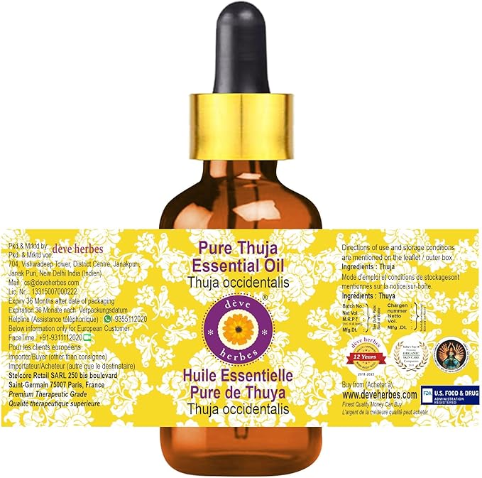 Deve Herbes Pure Thuja Essential Oil (Thuja occidentalis) with Glass Dropper Steam Distilled (Pack of Two) 100ml X 2 (6.76 oz)