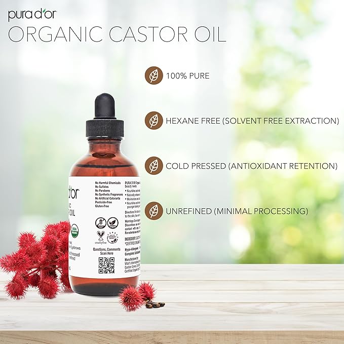 PURA D'OR 4 Oz Organic Castor Oil – Pure Cold-Pressed, Hexane-Free, USDA Certified – Lashes, Brows, Hair Relaxer, Scalp, Skin – Moisturizer Supporting Softness, Strength, Hydration, Shine & Radiance