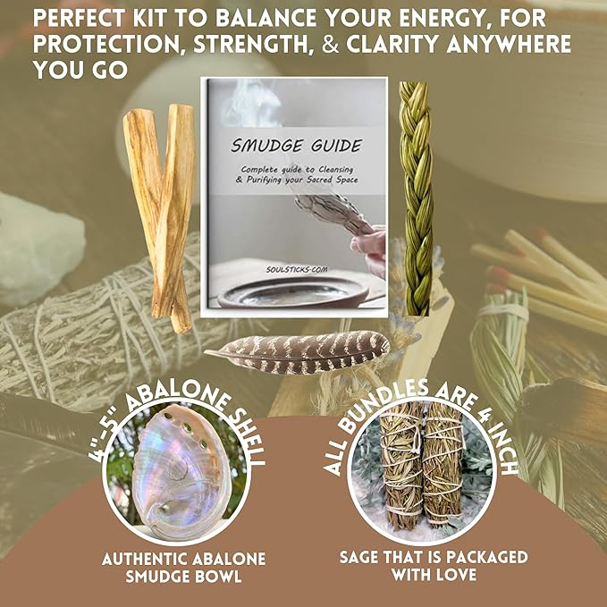 Ancient VEDA Organic Smudge Kit – Rosemary, Palo Santo, Sweetgrass, Abalone Shell, Feather & Smudge Guide | Smudging Kit for Home Energy Cleansing, Meditation, Healing (Healer's Kit, Rosemary Sage)