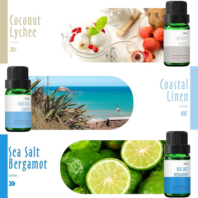 Beach Fragrance Oils Set, MitFlor Essential Oils for Diffusers for Home, 6x10ml, Fragrance Oil for Soap Candle Making, Premium Summer Diffuser Oils Scents, Pink Sands, Ocean Mist and More
