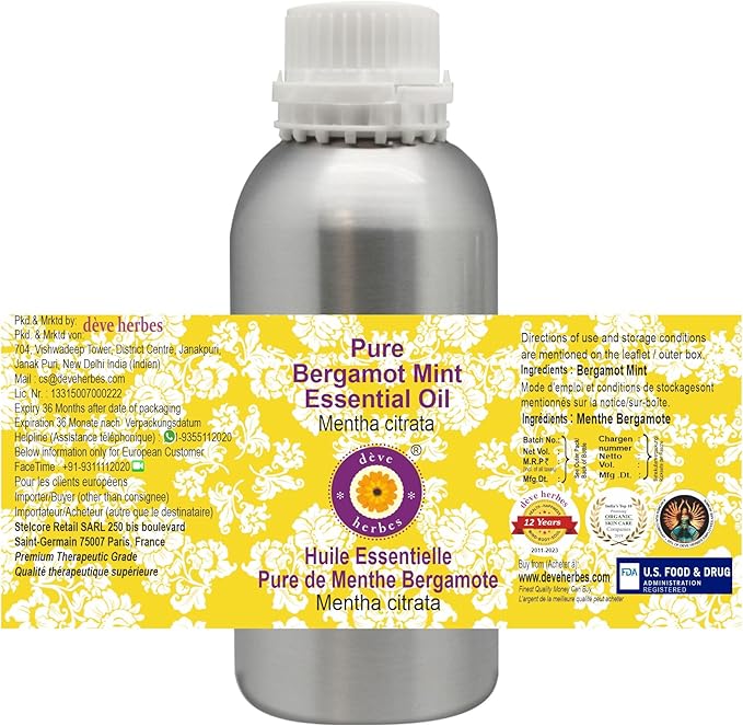 Deve Herbes Pure Bergamot Mint Essential Oil (Mentha citrata) Steam Distilled 300ml (10 oz)