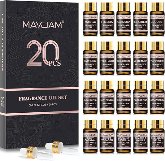 MAYJAM Fragrance Oil Gift Set, Top 20 Essential Oils Variety Pack for Diffusers for Home, Long Lasting Scented Oils for Soap Candle Making - 5ml/0.17fl.oz