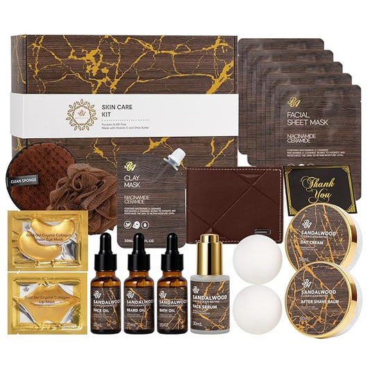 Sandalwood Beard Grooming Set For Men, 21 Pcs Facial Skin Care Set, Spa & Self-Care Gift Basket Set, Bath and Body Gift Set, Bath Bomb, Birthday, Christmas, Valentines, Father's Day Gift, Husband, Dad