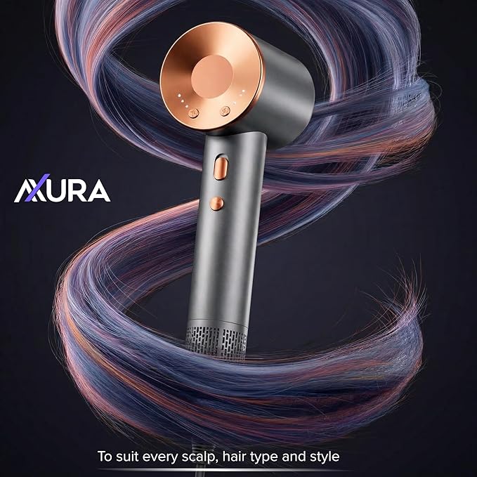 AXURA Travel Hair Dryer 160000 RPM Brushless Motor, Diffuser Hair Dryer For Fast Styling, Heat Control, Lightweight Low Noise Blow Dryer With Diffuser, Hair Dryer With Magnetic Nozzle For Home & Salon