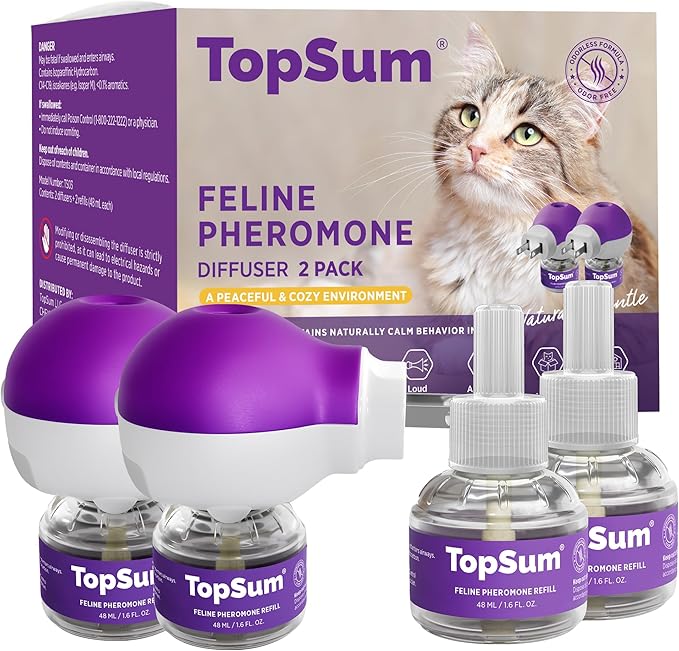 TopSum Cat Calming Pheromone Diffuser: Feline Pheromones Plug in for Stress, Along At Home, Spraying, Fighting, Scratching, Aggression & Excessive Meowing (Purple– 2 Diffusers+2 Refills)