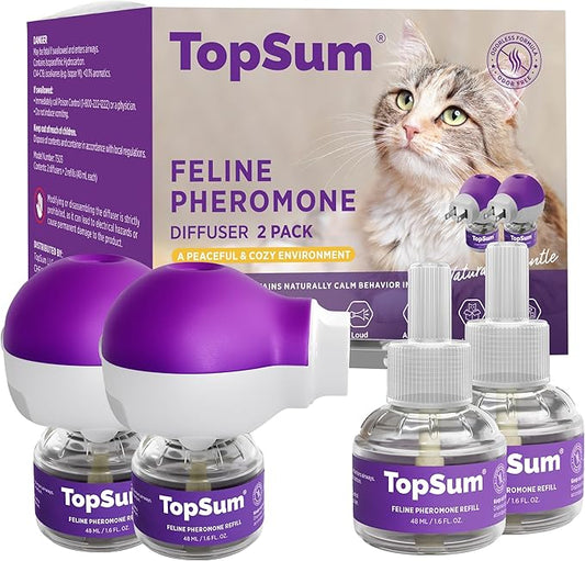 TopSum Cat Calming Pheromone Diffuser: Feline Pheromones Plug in for Stress, Along At Home, Spraying, Fighting, Scratching, Aggression & Excessive Meowing (Purple– 2 Diffusers+2 Refills)