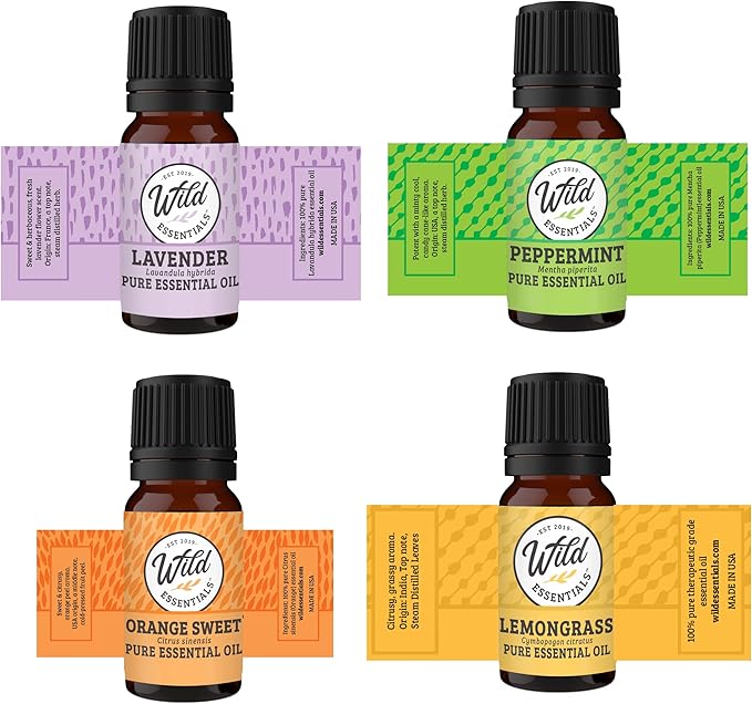 Wild Essentials Glass & Wood Hanging Aromatherapy Diffuser Starter Kit Gift Set Includes 4-100% Pure Essential Oils, Lavender, Lemongrass, Orange Sweet and Peppermint