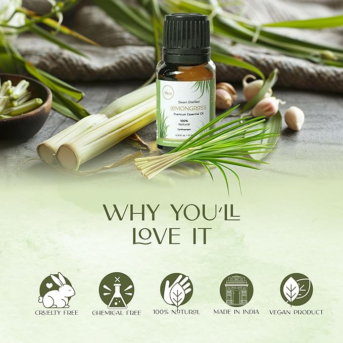 Lemongrass Essential Oil 0.33 fl oz – 100% Pure & Natural Cymbopogon Flexuosus – Undiluted Steam Distilled Oil for Diffuser, Aromatherapy, Skin, Hair, Massage & DIY Candle Making