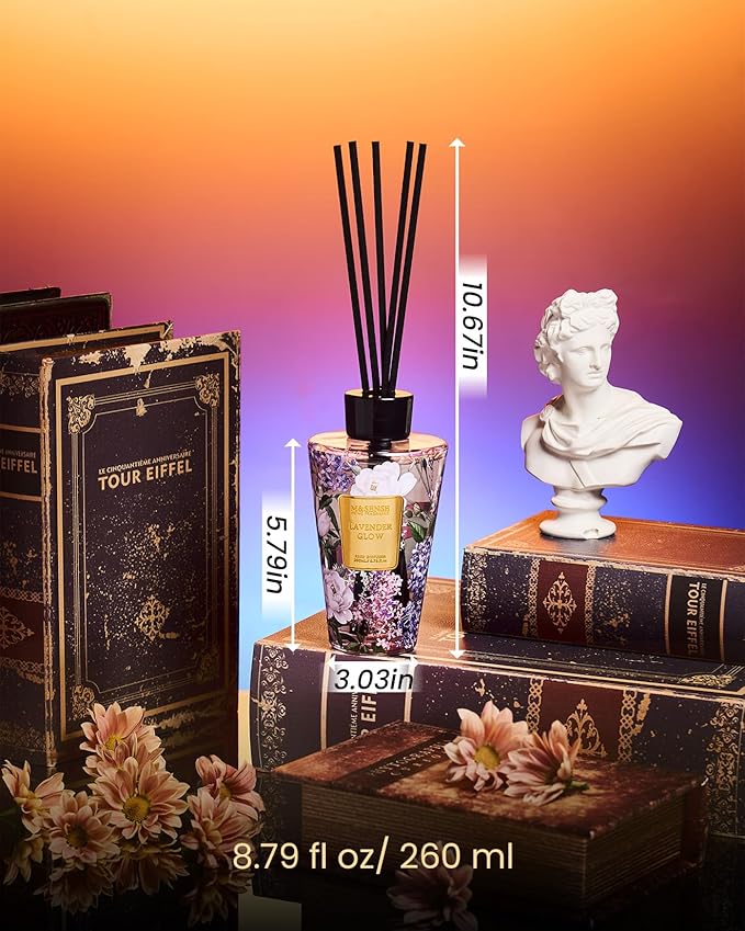M&SENSE Lavender Glow Reed Diffuser Set - 8.79fl oz Home Fragrance Non-Toxic Essential Oil Diffuser with Sticks, Air Freshner Gifts for Bathroom Shelf Decor