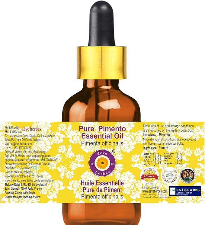 Deve Herbes Pure Pimento Essential Oil (Pimenta officinalis) with Glass Dropper Steam Distilled (Pack of Two) 100ml X 2 (6.76 oz)