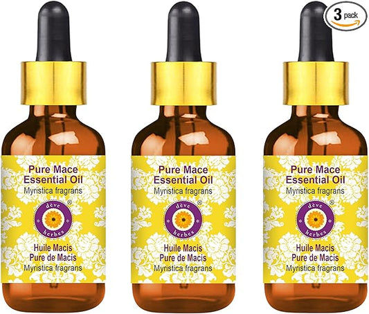 Deve Herbes Pure Mace Essential Oil (Myristica fragrans) with Glass Dropper Steam Distilled (Pack of Three) 100ml X 3 (10 oz)