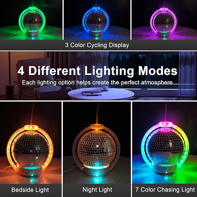 Rotating Disco Ball Diffuser, Mirror Ball Cute Diffuser with RGB Color Night Light, 2Timer Seting & 3 Light Mode Mirror Essential Oil Diffuser Aromatherapy Diffuser for Home Decor, Party, Bedroom