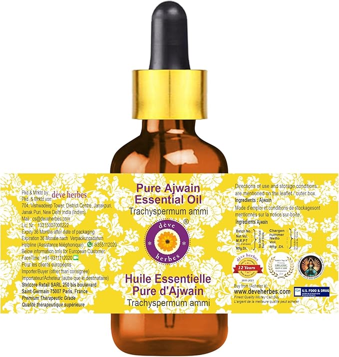 Deve Herbes Pure Ajwain Essential Oil (Trachyspermum ammi) with Glass Dropper Steam Distilled (Pack of Two) 100ml X 2 (6.76 oz)