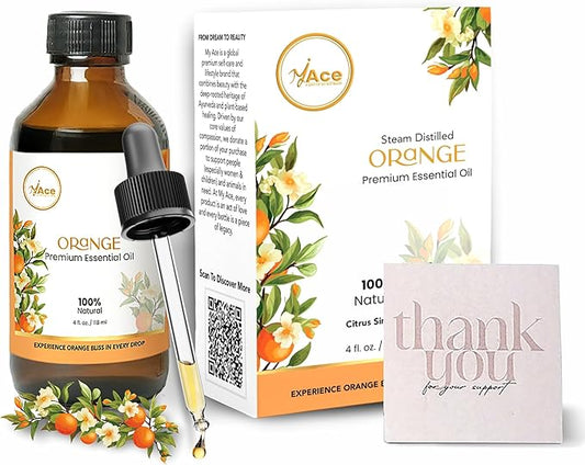 MyAce Orange Essential Oil – 100% Pure & Natural Cold-Pressed Sweet Orange Oil – 4 fl oz Amber Glass Bottle with Dropper – Aromatherapy, Diffuser, Candle & Soap Making, Skin & Hair Care
