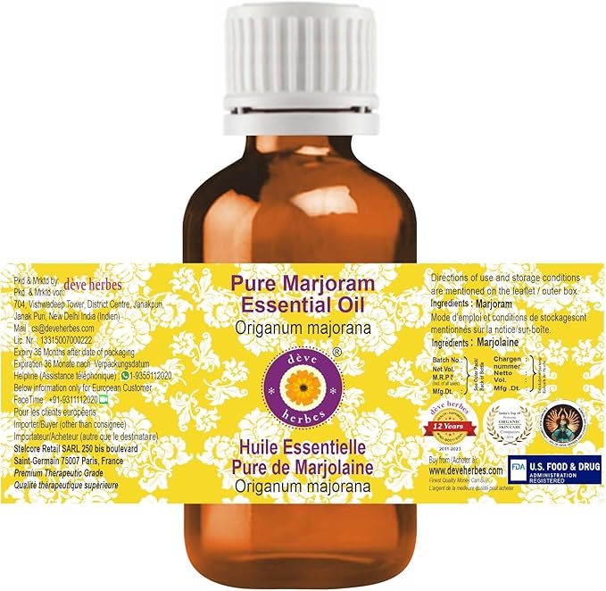 Deve Herbes Pure Marjoram Essential Oil (Origanum majorana) Steam Distilled 5ml (0.16 oz)