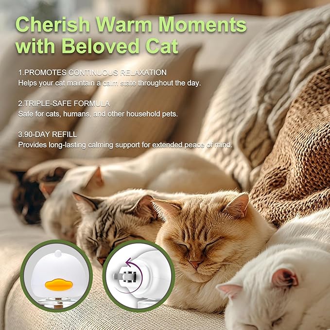 Cat Calming Diffuser, 4-in-1 Pheromone Refills for Anxious Cats, 120-Day Continuous Stress Relief for Multi-Cat Harmony