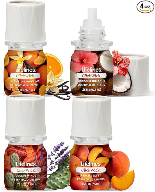 ClickWick Essential Oil Blends for Lifelines Diffusers, 4-Pack Sun-Kissed Escape - Essential Oil Blend Refill for Candle, Plant & Shower Aromatherapy Diffuser - Fragrance for Diffusers