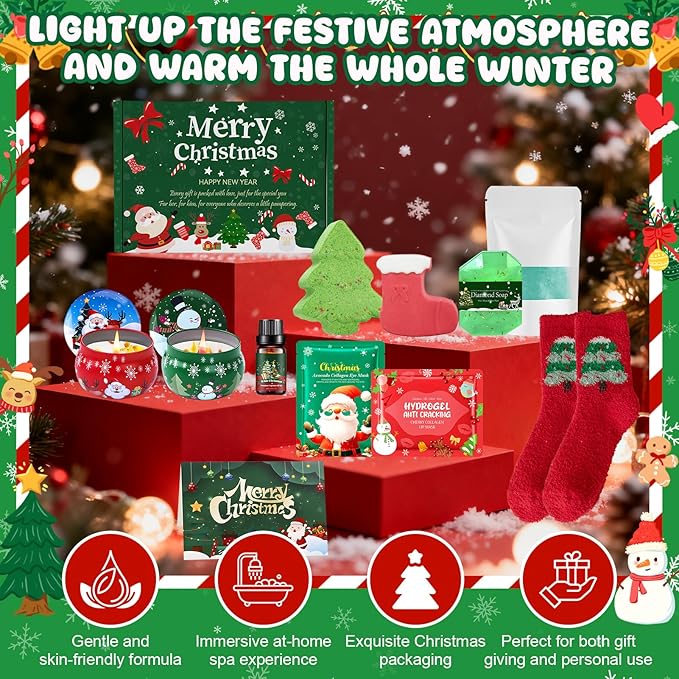 JAOJAO Christmas Gift Sets for Women, Bath Gift Set for Women Secret Santa Gifts Stocking Stuffers Festive Self-Care with Massage Oil, Scented Candle, Bath Salts, Soap, Stocking, Greeting Cards