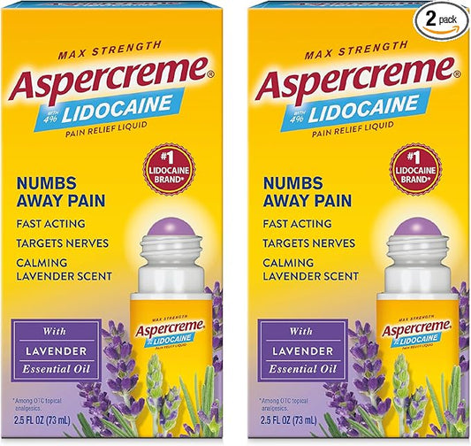 Aspercreme Essential Oils Lidocaine Pain Relief with No-Mess Roll-On Applicator, Max-Strength Lidocaine Numbs Away Nerve Pain, Moisturizing Aloe Hydrates Skin, Lavender, 2.5 Oz., 2pk