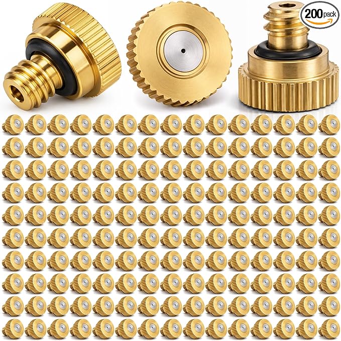 Zhengmy 200 Pcs 0.3mm Brass Misting Nozzles, Mister Nozzles Brass for Outdoor Cooling System Orifice 10/24 UNC Replacement Heads for Outdoor Cooling System