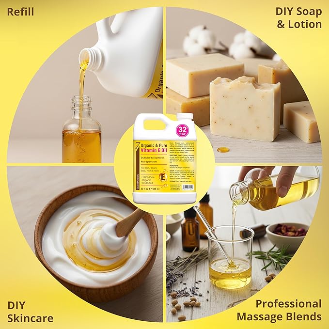 Seven Minerals Ultra Pure Vitamin E Oil - Full-Spectrum D-Alpha Tocopherol, 100% Organic Vitamin E Oil for Skin, Face, Hair, and Scars - Naturally Occurring = Not Synthetic (32 fl oz Jug)
