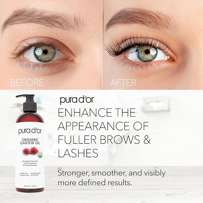 PURA D'OR ORGANIC Castor Oil (16 Oz) Pure Cold-Pressed Hexane-Free USDA Certified – Lashes Brows Hair Scalp Skin – Botanical Moisturizer for Softness Strength Hydration Shine Radiance