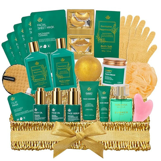 Eucalyptus 32 Pcs Mothers Day Gifts for Mom, Bath & Body Gift Basket for Women & Men, Hydrating Face Skin Care Kit, Self-Care Home Spa Basket Gift Set, Birthday, Christmas, Anniversary