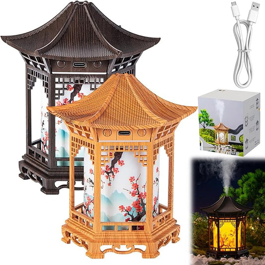 Zen Pavilion Lantern Aroma Diffuser & Night Light, 160ml Essential Oil Diffuser with 2 Mist Modes, USB Direct Charging Japanese Style Zen Garden Humidifier for Meditation, Yoga and Sleep (2pcs Mix)