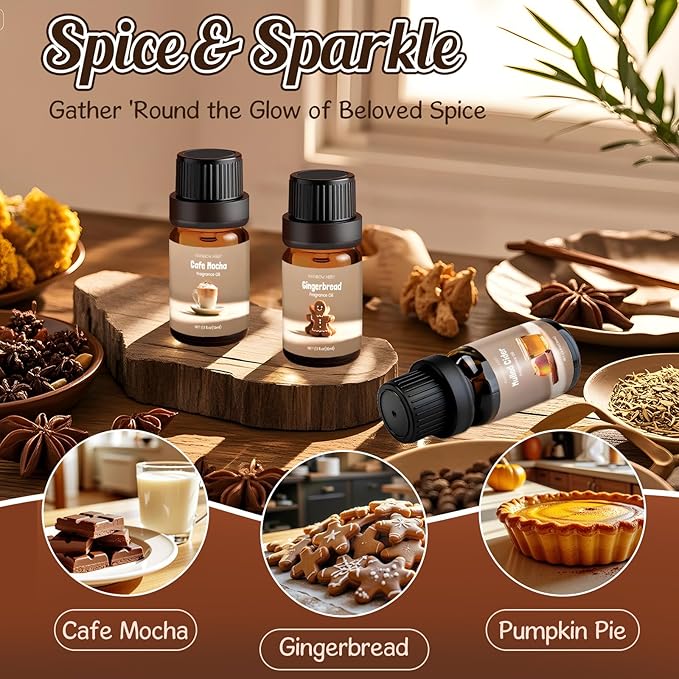 Spice Fragrance Oils Set, RAINBOW ABBY Fall Essential Oil Set for Diffuser, Candle, Soap Making, Pumpkin Pie, Harvest Spice, Gingerbread, Cinnamon, Mulled Cider, Cafe Mocha, Scented Oils, 6x10ml