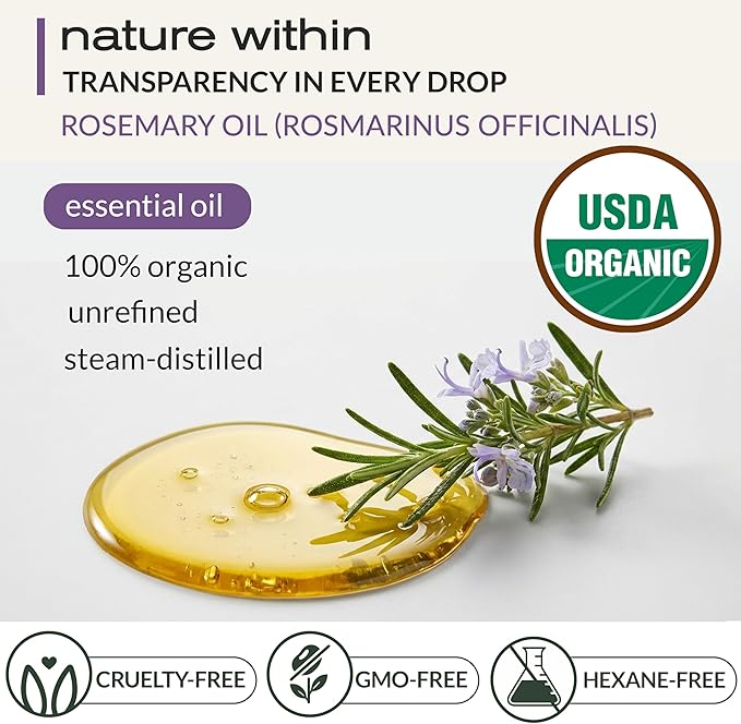 Ella & Eden Organic Rosemary Oil For Hair Growth - 2 Fl Oz, USDA Certified, 100% Pure, Steam-Distilled, USA Made, Hexane-Free - Rosemary Essential Oil for Skin, Aromatherapy - Glass Bottle