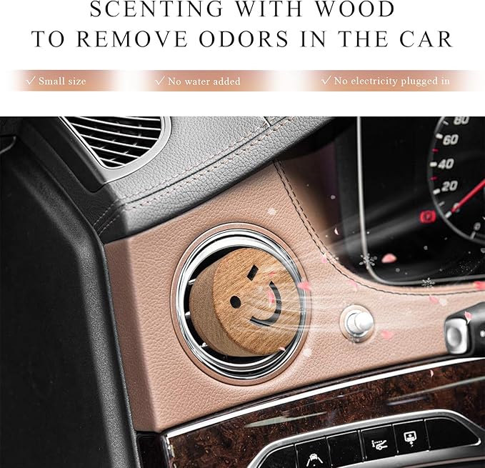 KVAEY 2 PCS Wood Car Essential Oil Diffuser, Wooden Aromatherapy Essential Oils Diffuser with Vent Clip, Wood Vent Clip Air Freshener for Vehicle Office Home Bedroom (Smile)