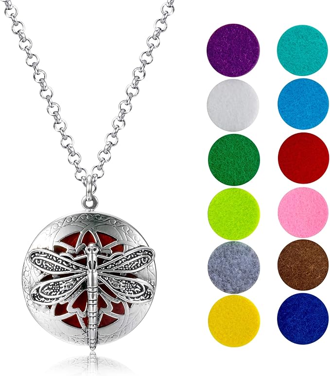 Wild Essentials Dragonfly Necklace Essential Oil Diffuser Kit with Lavender, Lemongrass, Peppermint, Orange Oils, 12 Refill Pads, Calming Aromatherapy Gift Set, Customizable Color Changing, Perfume