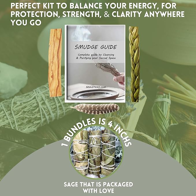 Ancient VEDA Organic Smudge Kit –Eucalyptus, Palo Santo, Sweetgrass Braid, Feather & Smudge Guide | Home Cleansing Kit for Meditation, Yoga, Energy Healing & Gift (Starter Kit, Eucalyptus Sage)