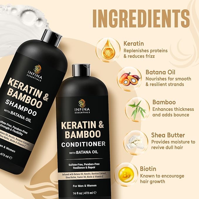 INFINA ESSENTIALS Keratin Shampoo and Conditioner Set | Frizz Control & Smoothing with Batana Oil & Bamboo Extract | Sulfate-Free | Men & Women | 16 fl oz Each