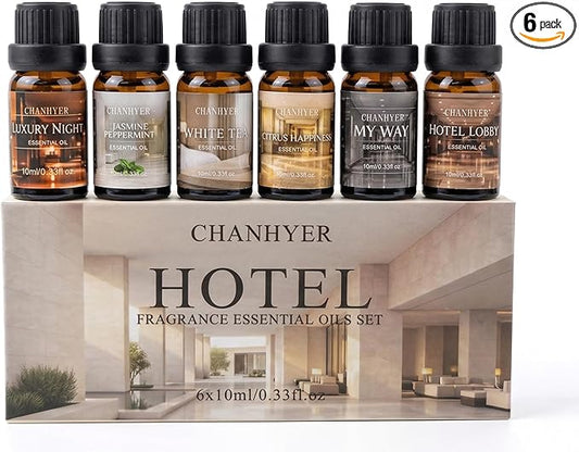 Hotel Collection Essential Oils for Diffusers for Home-6x10ml Luxury Scented Oil Set with Luxury Night,Jasmine Peppermint,White Tea,Citrus Happiness,My Way,Hotel Lobby,Gift for Women and Men