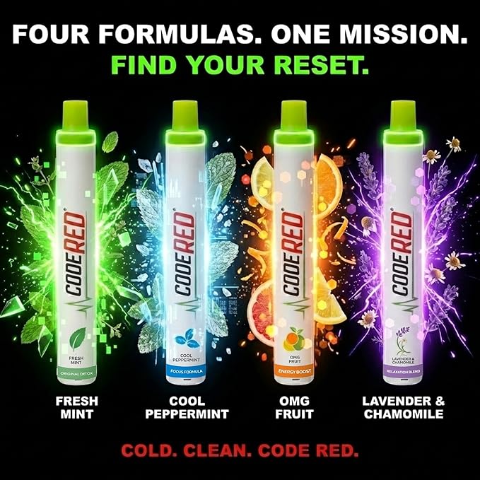 Code Red V-Aid Plant-Based Herbal Stick 4-Pack Variety - Portable Herbal Stick Set with Mullein, Mint, Guarana & Ashwagandha - Fresh Mint, Cool Peppermint, OMG Fruit & Essential Oil