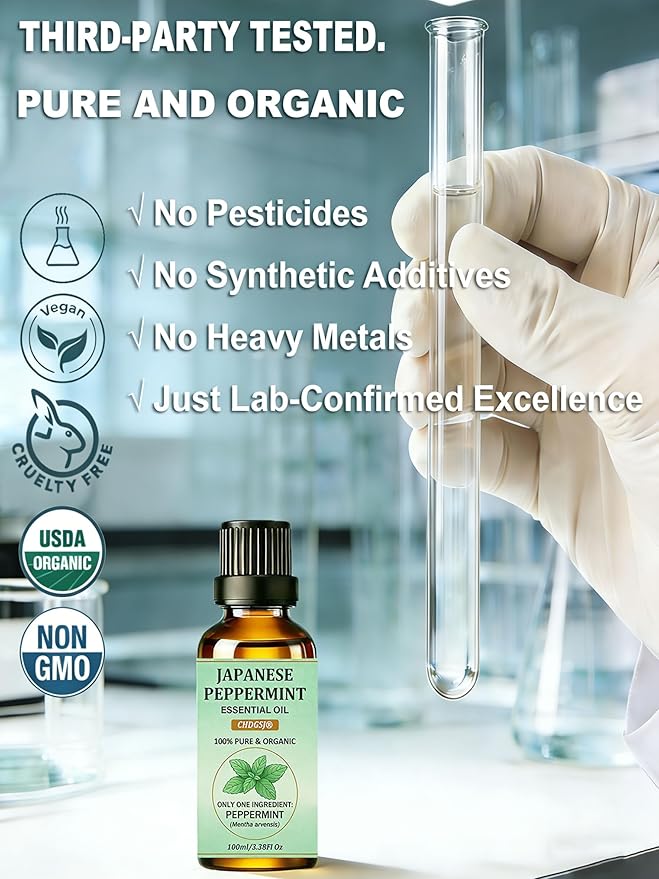 100% Pure Organic Japanese Peppermint Essential Oil, USDA Natural Food & Therapeutic Grade for Aromatherapy, Skin Hair Scalp Care, Massage - Can Diffusers, Home Cleaner, Relaxtion, Aid Mood - 100ml