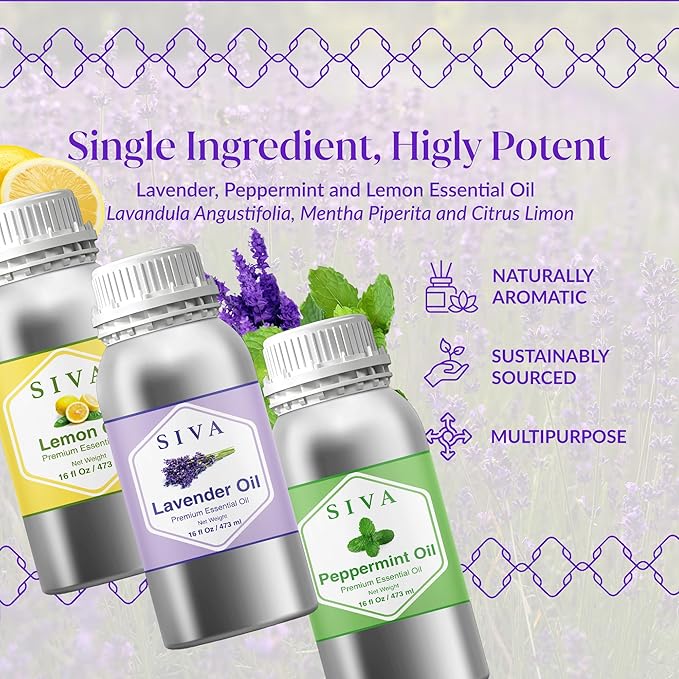 Siva Lavender, Lemon and Peppermint Essential Oil 16oz Bundle Super Saver Combo – Premium Grade Value Set for Aromatherapy, Skincare and Haircare